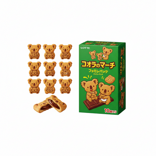 Box of Lotté Koala March chocolate with individual pieces displayed on a white background.