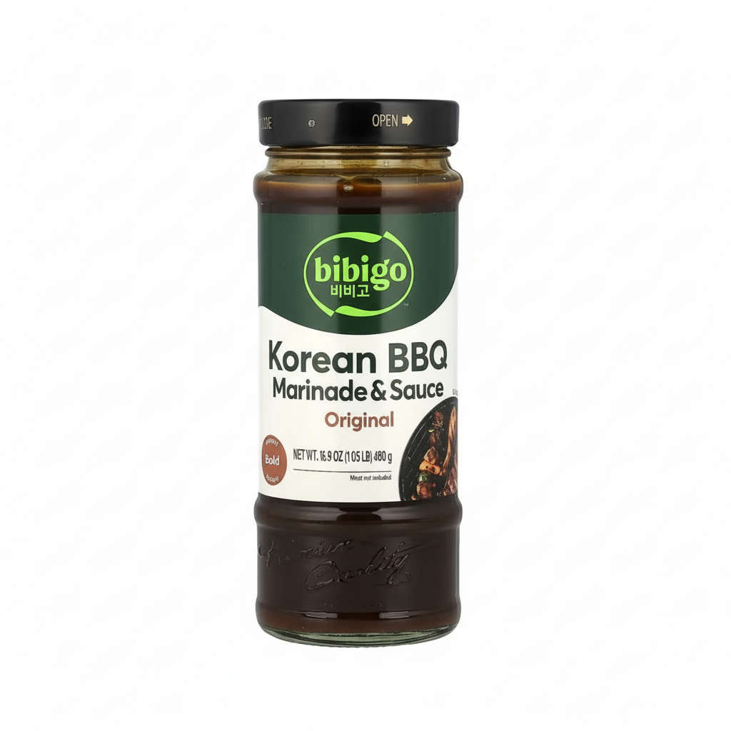 Bibigo Korean BBQ Marinade & Sauce jar on a white background