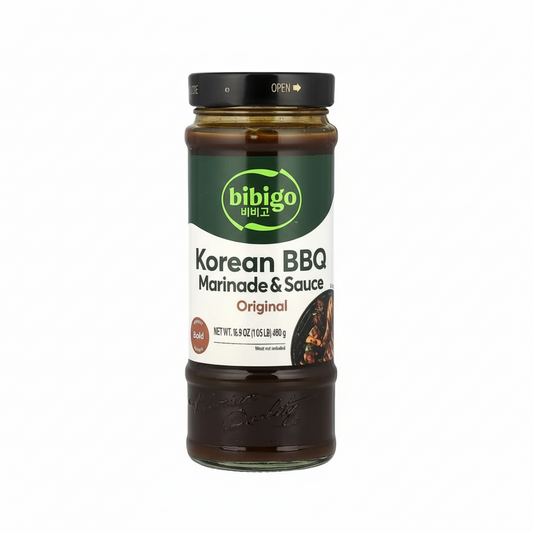 Bibigo Korean BBQ Marinade & Sauce jar on a white background