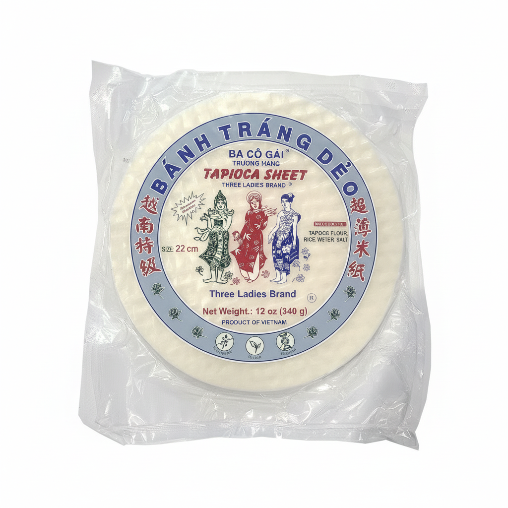 Packaged tapioca sheet with Three Ladies Brand label on a white background