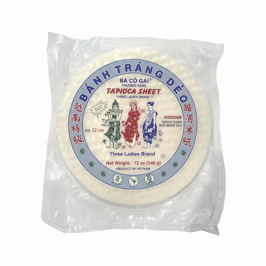 Packaged tapioca sheet with Three Ladies Brand label on a white background