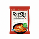Packaged teokbokki rice cakes with a bowl of rice cake on a white background, featuring the brand 'Korean'.