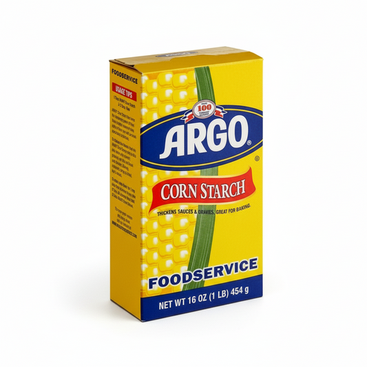 Box of Argo corn starch thickens sauces and Gavies great for Baking on a white background Food Service 454g