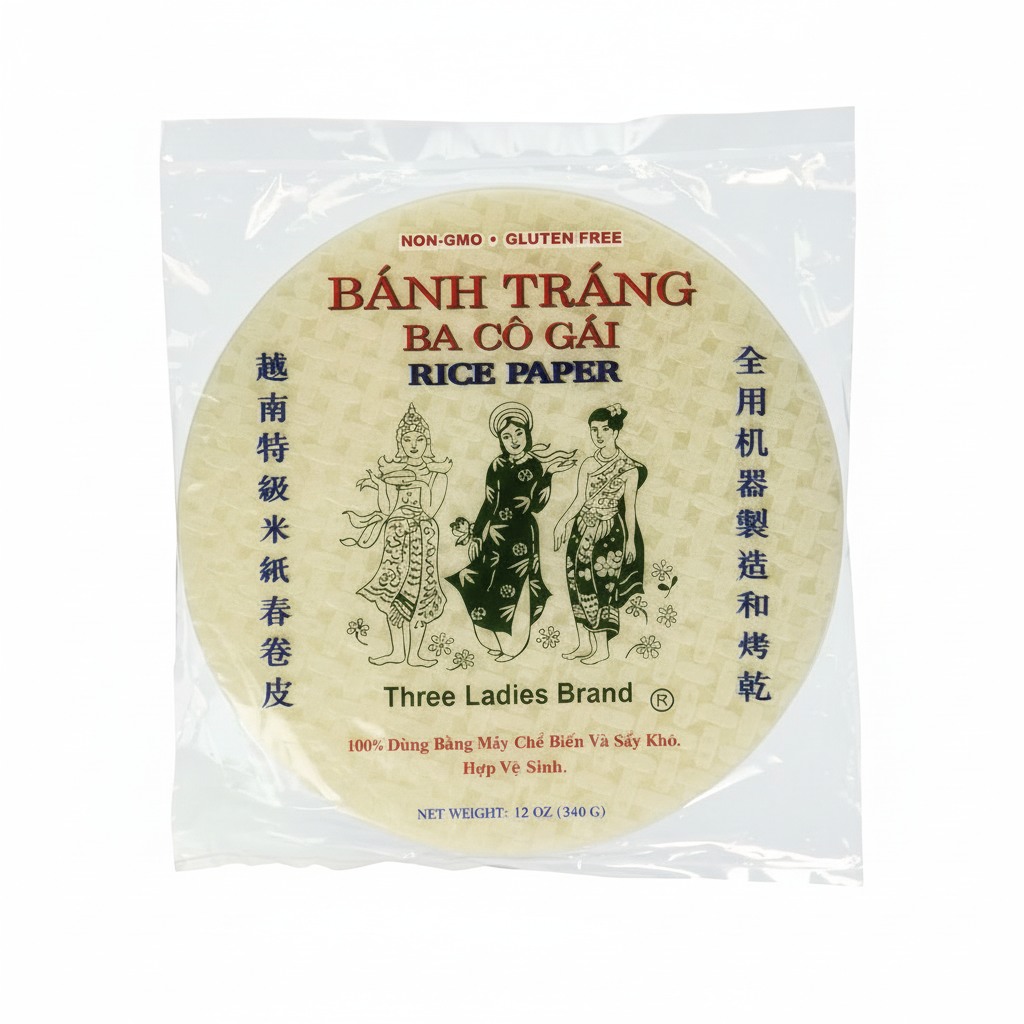 Packaged rice paper with 'Three Ladies Brand' branding on a white background