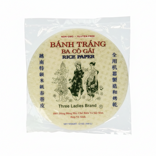 Packaged rice paper with 'Three Ladies Brand' branding on a white background