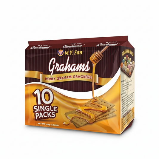 Box of M.Y. San Grahams Honey Graham Crackers with a honey drizzle on a white background.