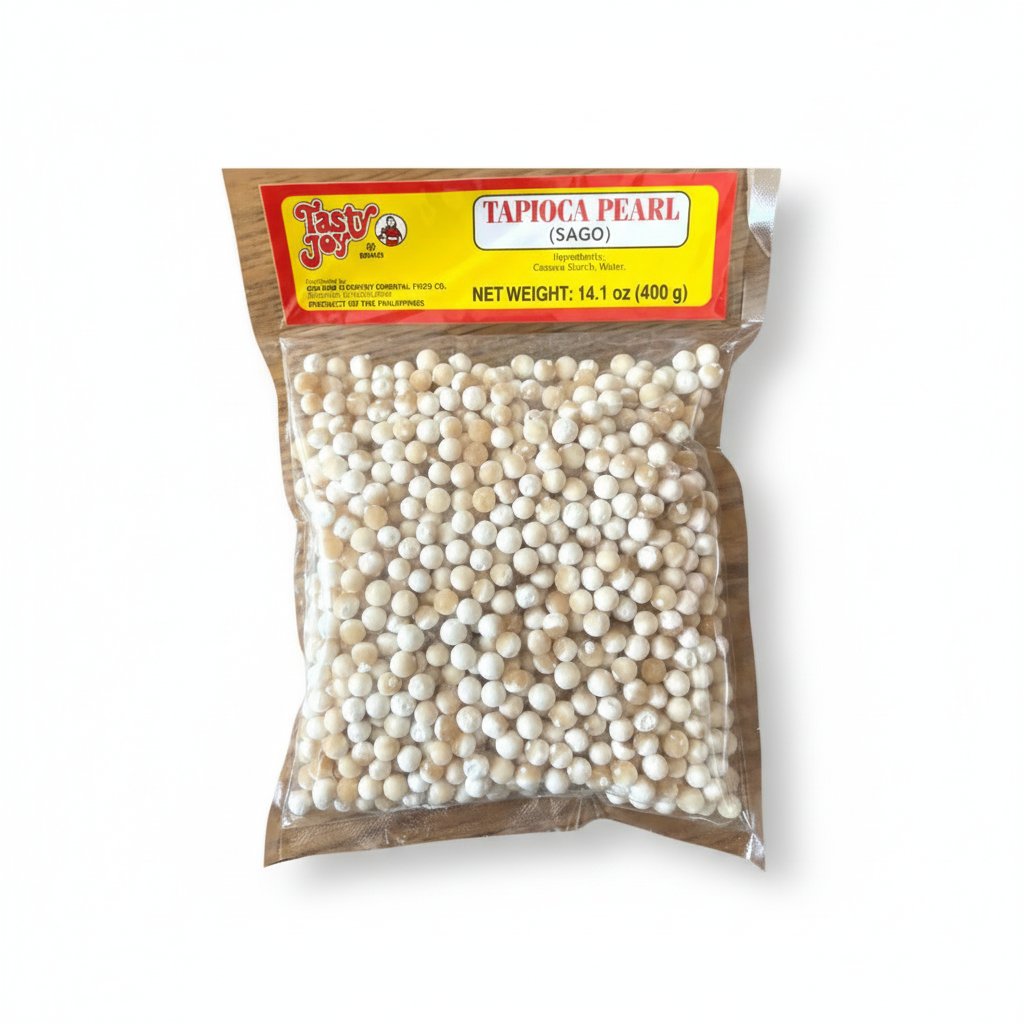Package of Tasty Joy tapioca pearls with a visible brand logo on a white background
