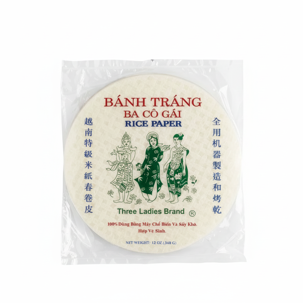 Three Ladies Brand rice paper package with decorative design on a white background