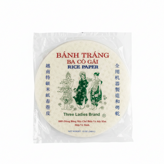 Three Ladies Brand rice paper package with decorative design on a white background