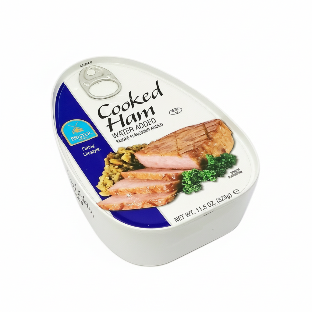 Can of cooked ham with a visible brand logo on a white background