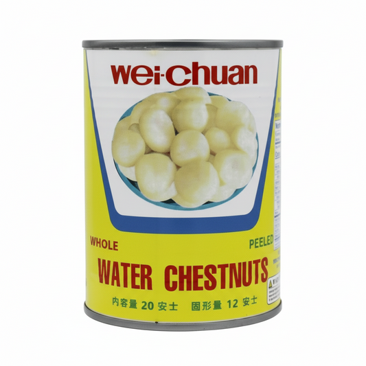 Can of Wei-Chuan whole water chestnuts on a white background