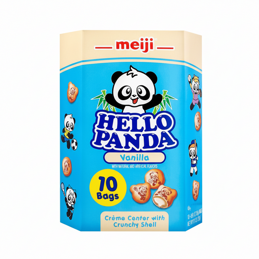Meiji Hello Panda vanilla cookies packaging on a white background