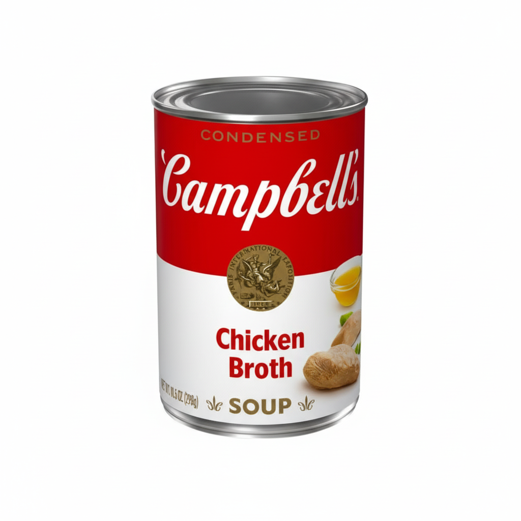 Can of Campbell's Chicken Broth Soup on a white background