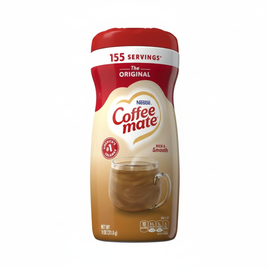 Coffee mate container with red and white design on a white background