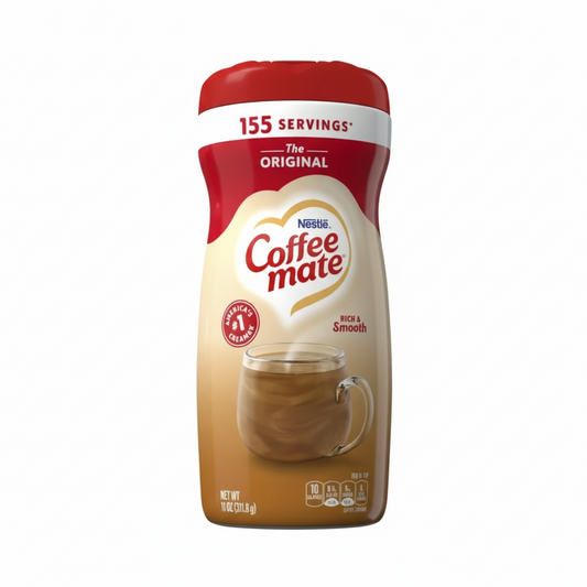 Coffee mate container with red and white design on a white background