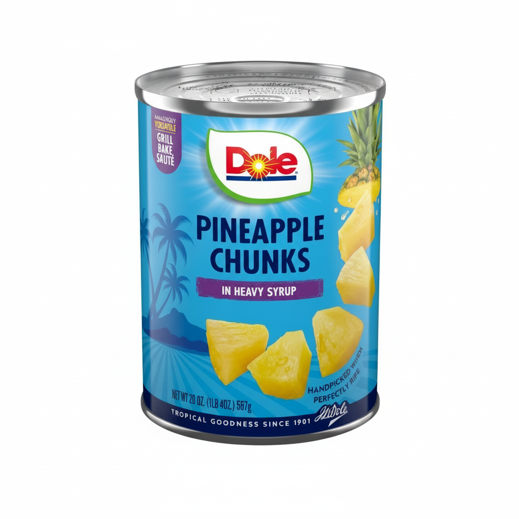 Can of Dole pineapple chunks on a white background