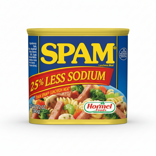SPAM 25% Less Sodium can with colorful label on a white background