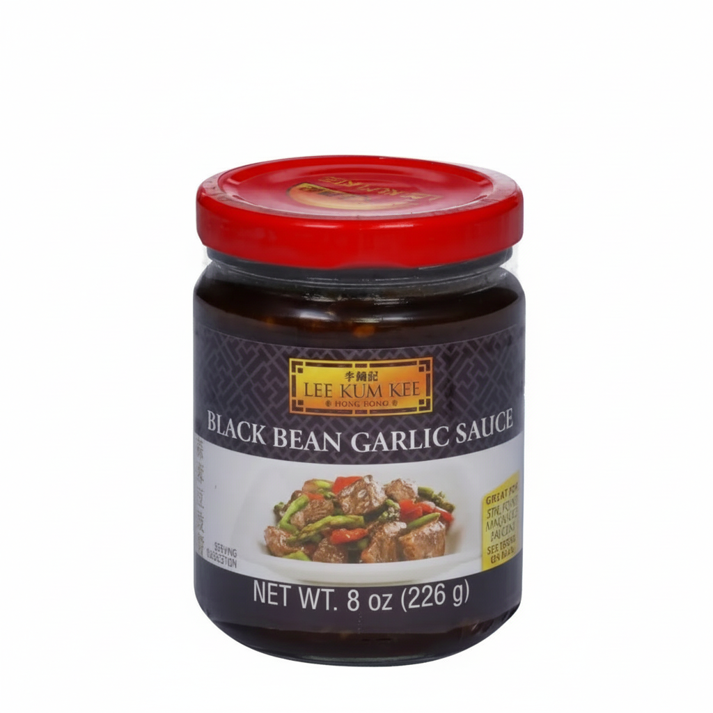 Jar of Lee Kum Kee Black Bean Garlic Sauce with a red lid on a white background