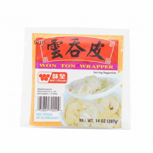 Packaging of Wei-Chuan Won Ton Wrapper with brand logo and product image on a white background