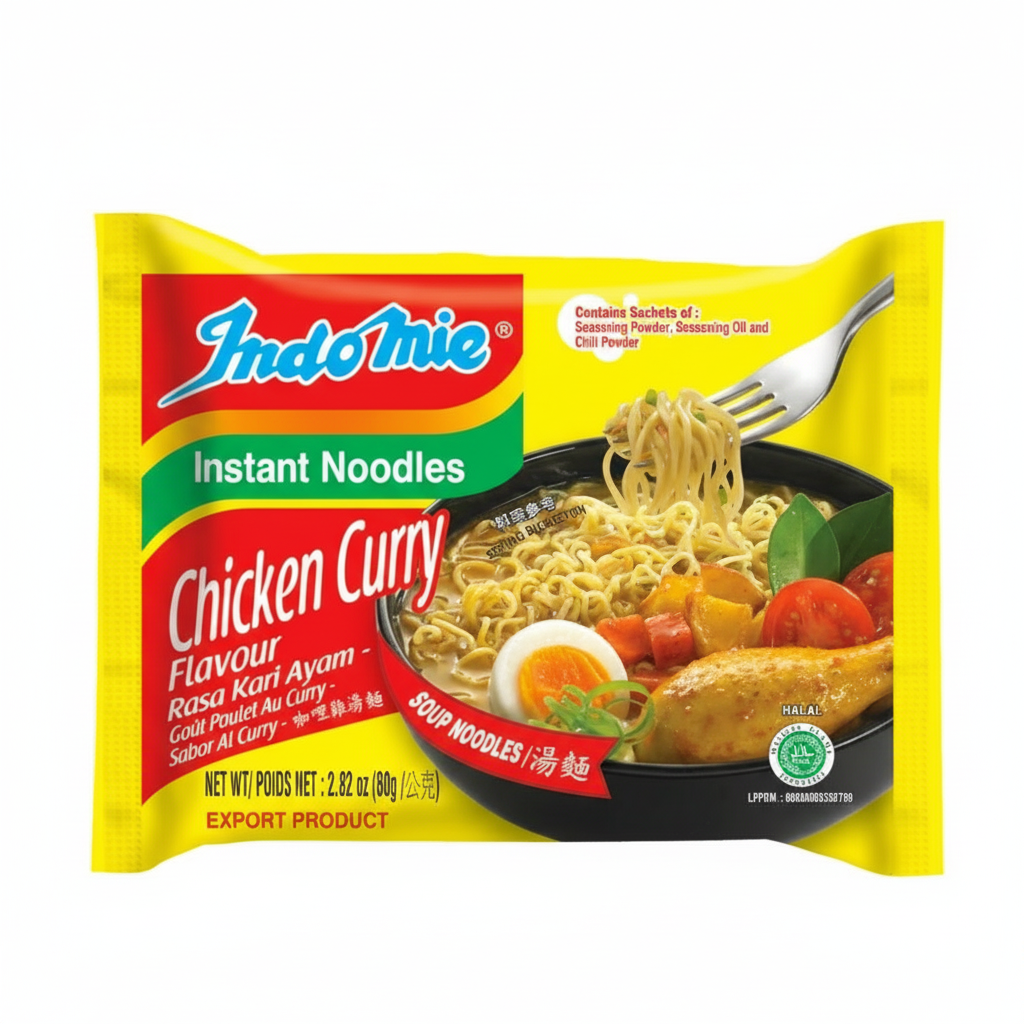 Indomie Chicken Curry instant noodles packaging with a fork and bowl of noodles on a yellow background.