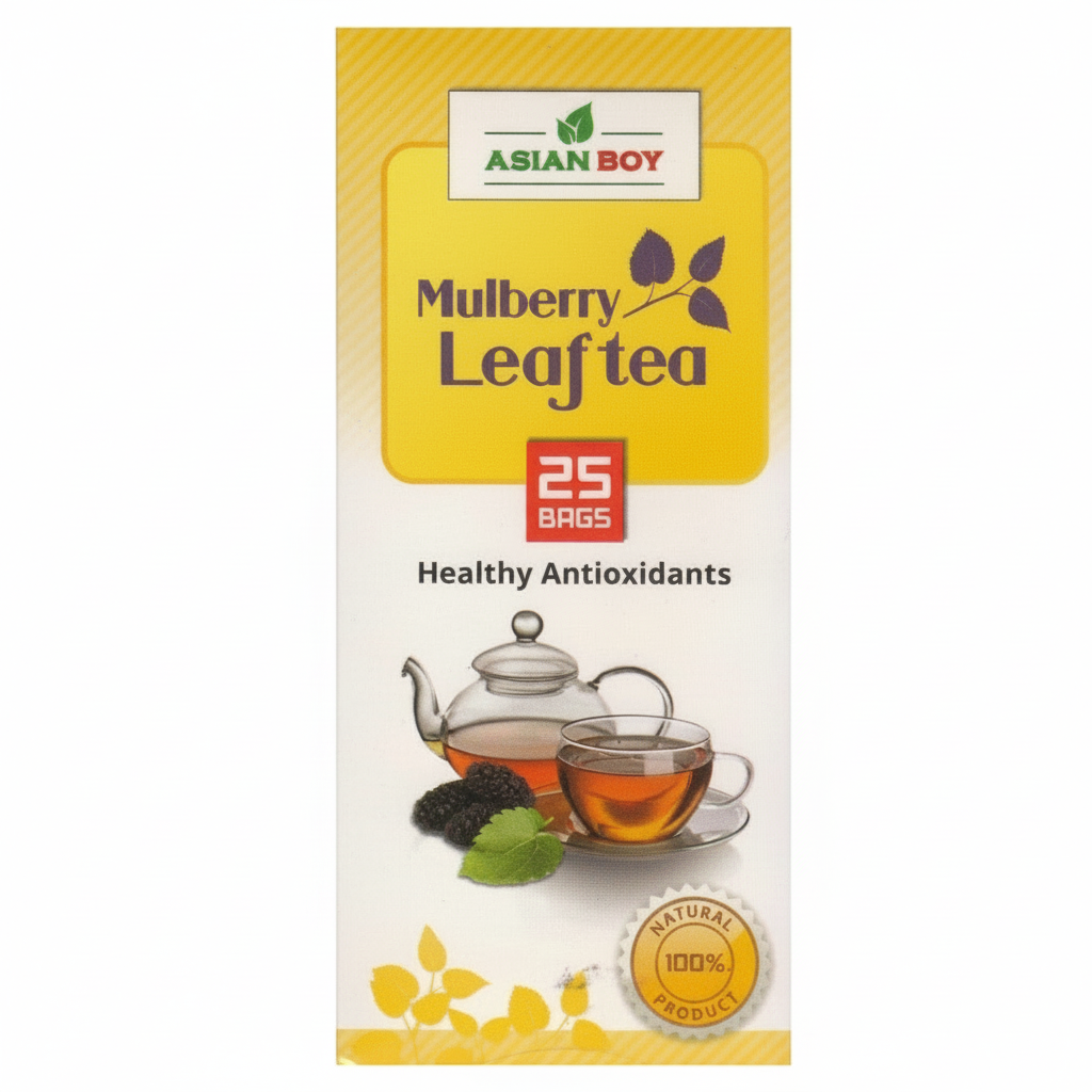 Box of Asian Boy Mulberry Leaf tea with teacup and mulberry illustration on a white background