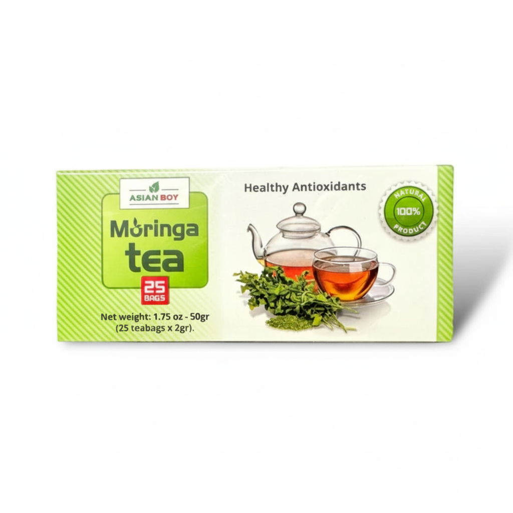 Box of Asian Boy Moringa tea with teacup and tea leaves on a white background