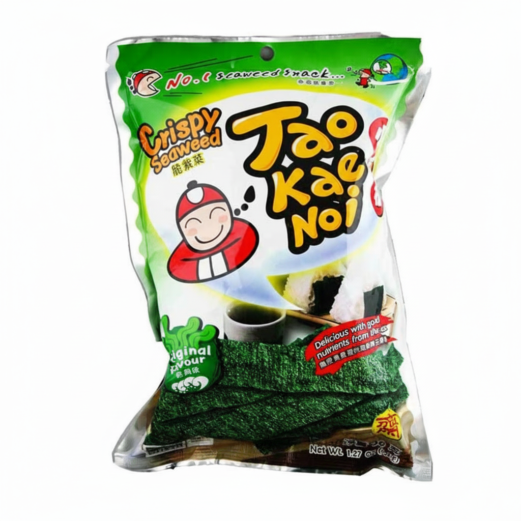 Packaged snack of Crispy Seaweed Tao Kae Noi with colorful packaging on a white background