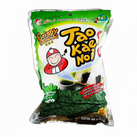 Packaged snack of Crispy Seaweed Tao Kae Noi with colorful packaging on a white background