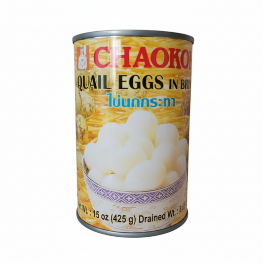 Can of Chaokow quail eggs in brine on a white background