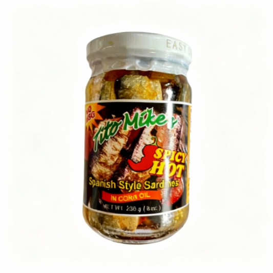 Jar of Tito Mike Spicy Hot Spanish Style Sardines on a white background