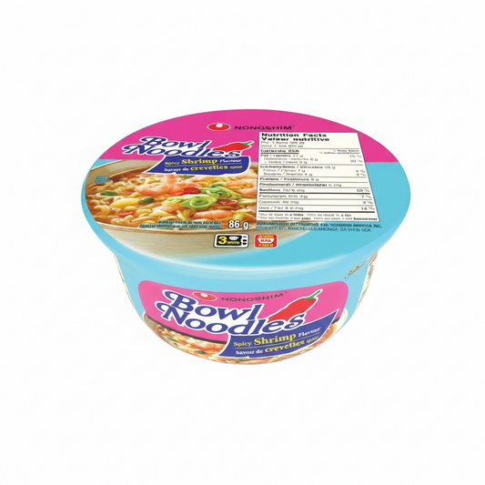 Cup of Bowl Noodles with spicy shrimp flavor on a white background
