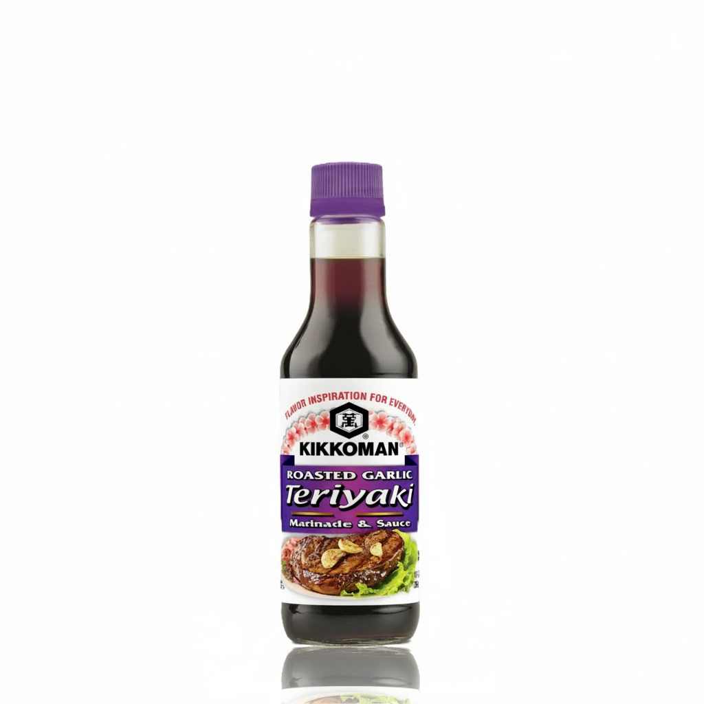 Kikkoman Roasted Garlic Teriyaki sauce bottle on a white background