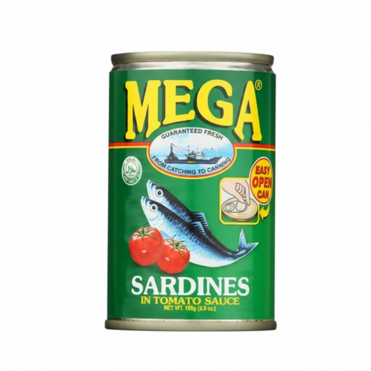 Can of Mega sardines in tomato sauce on a white background