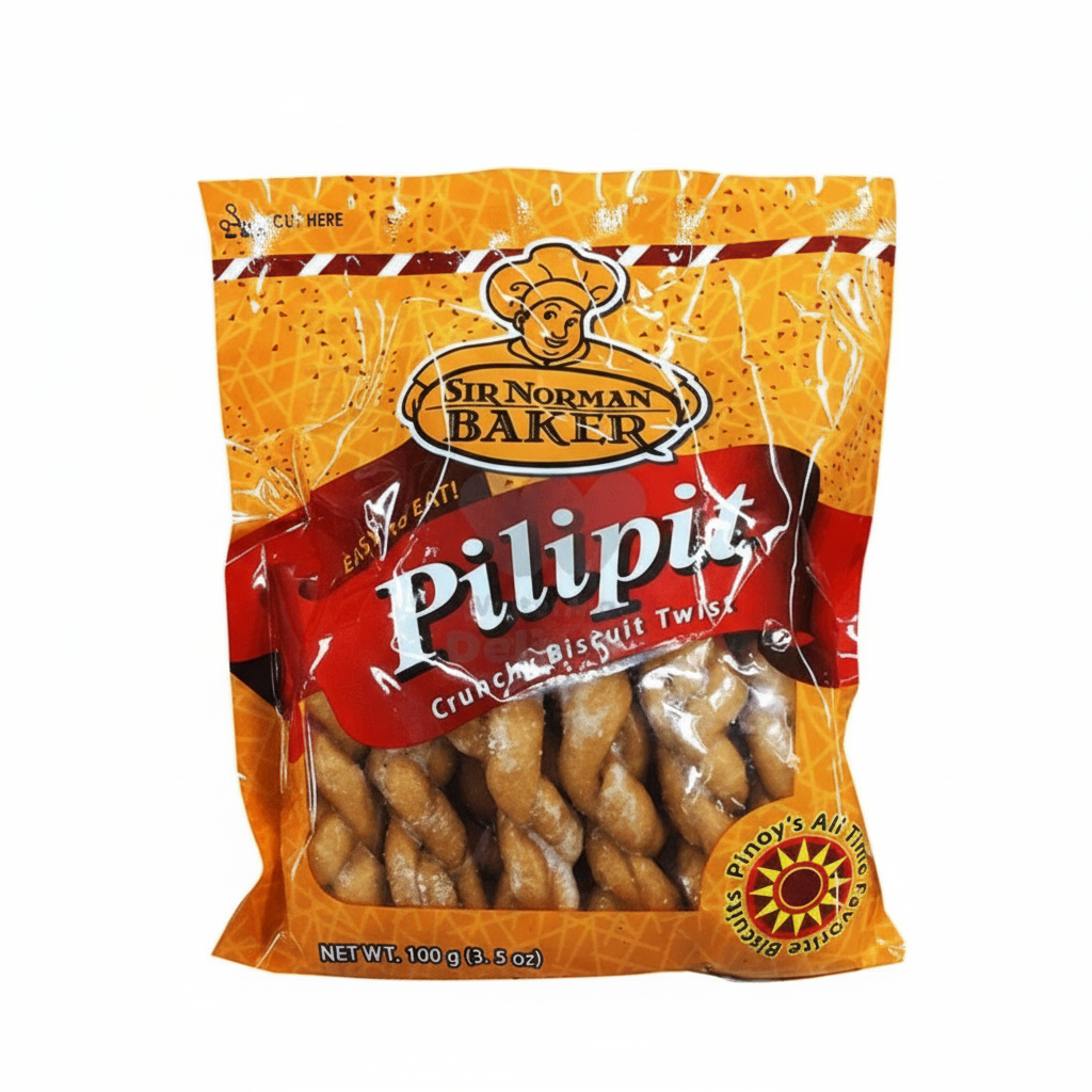 Packaged Sir Norman Baker Pilipit biscuits on a white background