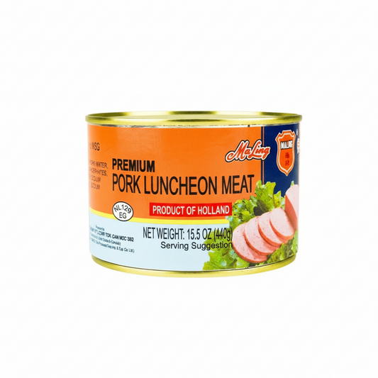 Can of premium pork luncheon meat with Maleng branding on a white background