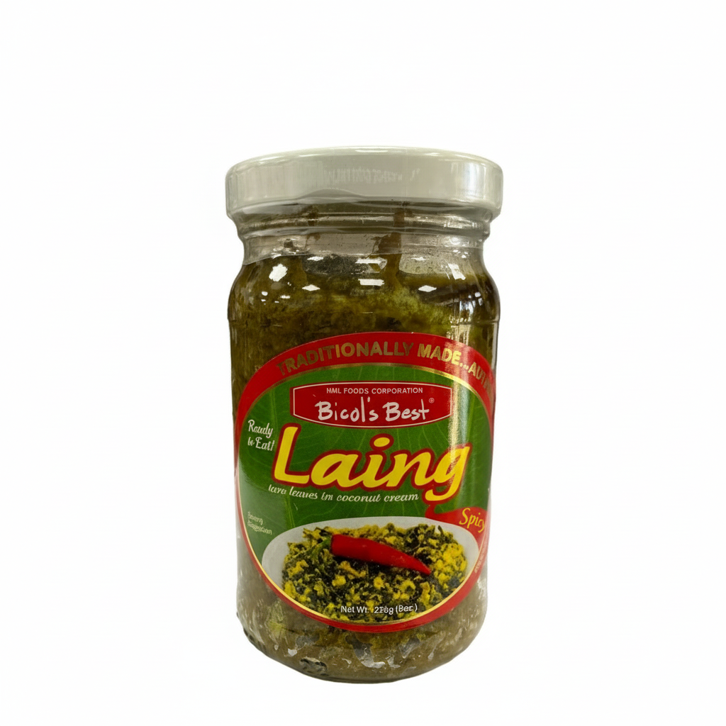 Jar of Bicol's Best Laing with a white lid on a white background
