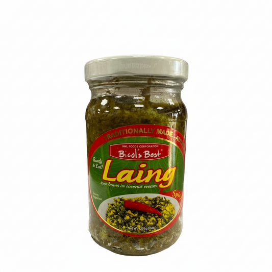 Jar of Bicol's Best Laing with a white lid on a white background