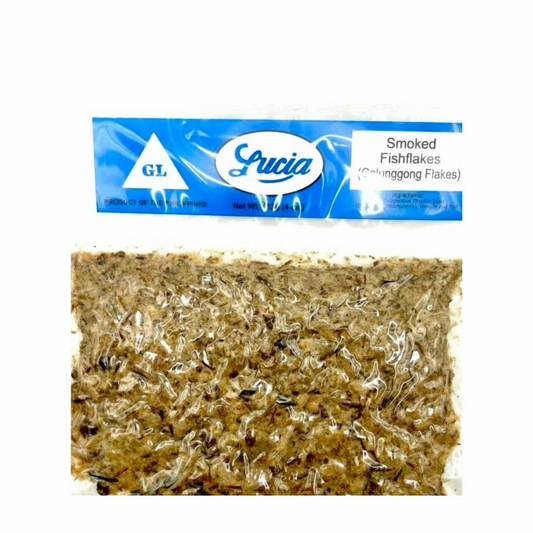 Packaged smoked fish flakes with Lucia brand label on a white background