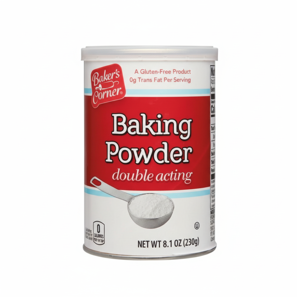 Can of Baker's Corner Baking Powder on a white background