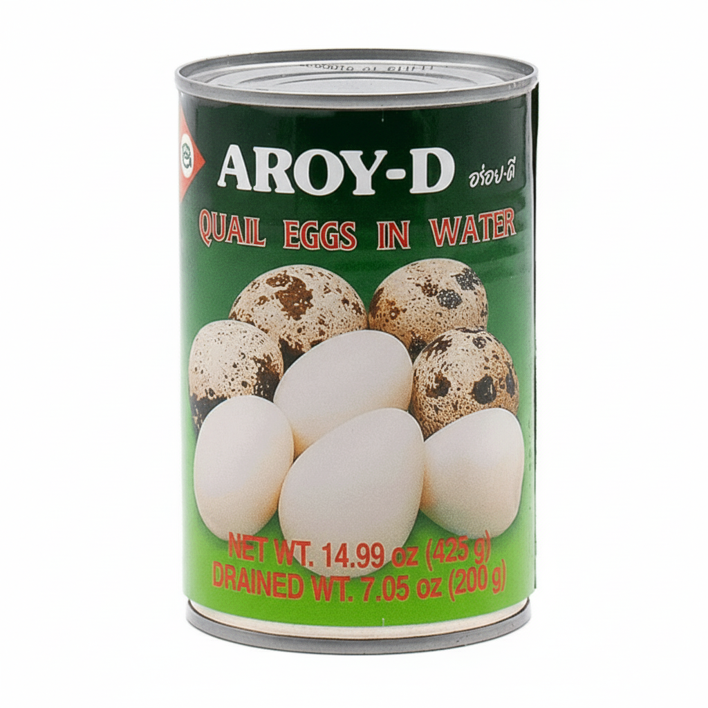 Can of Aroy-D quail eggs in water on a white background