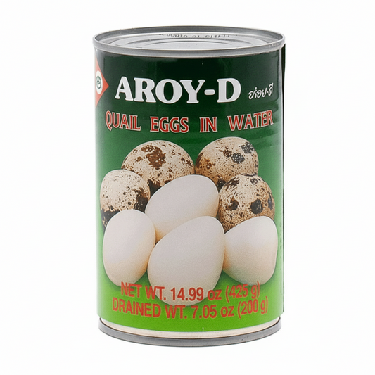 Can of Aroy-D quail eggs in water on a white background