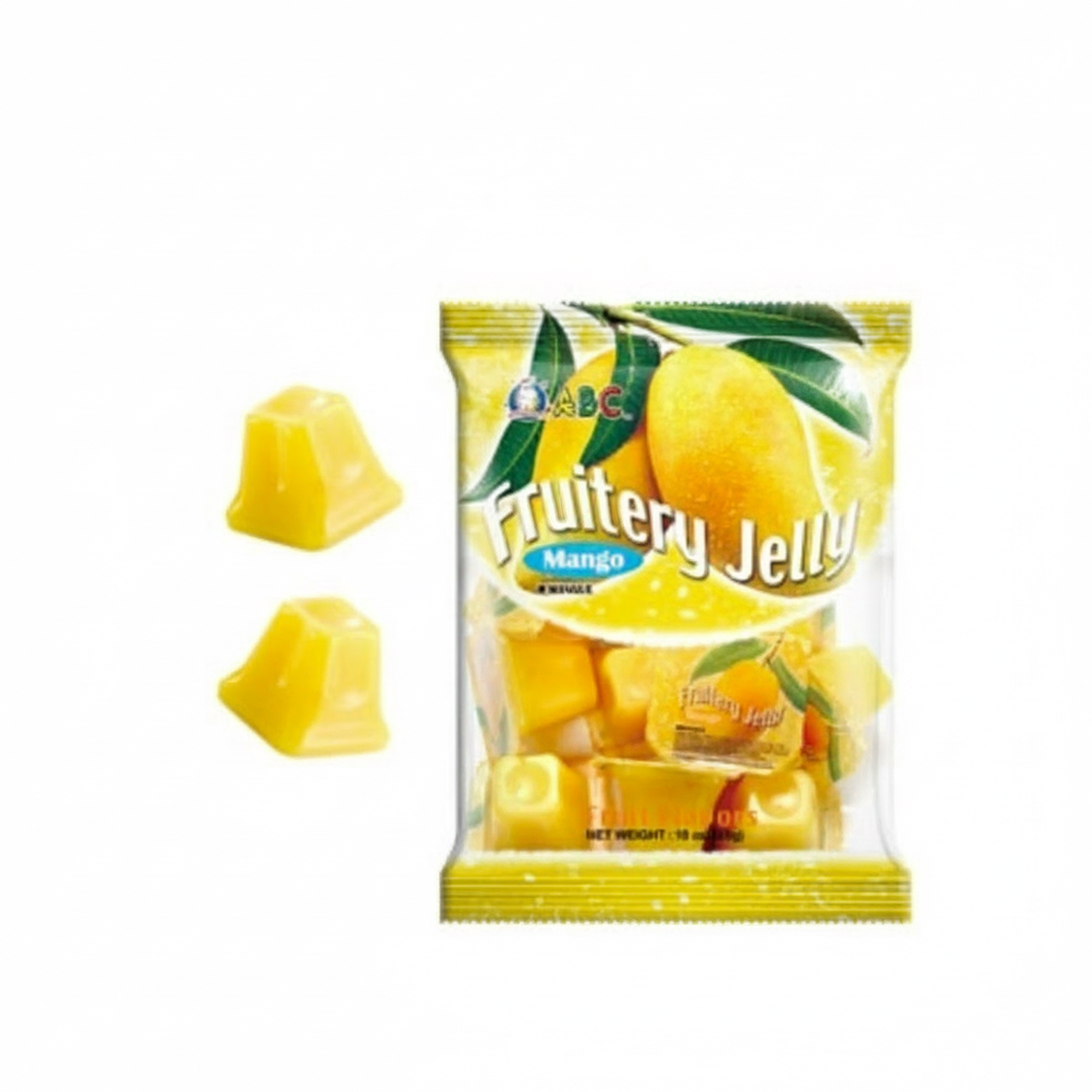 Pack of Mango Fruity Jelly with packaging design on a white background