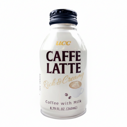 Bottle of UCC Caffe Latte on a white background