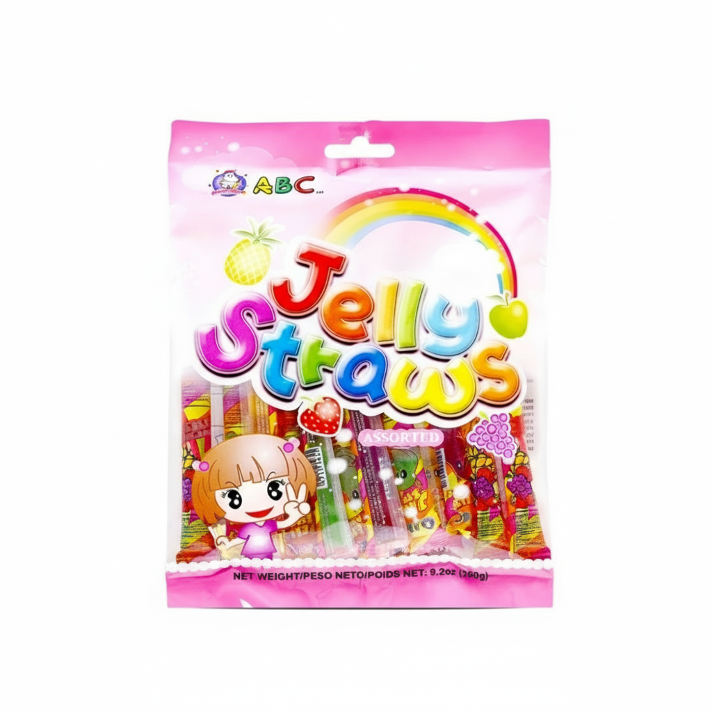Packaging of Jelly Straws with colorful design and ABC branding on a white background.