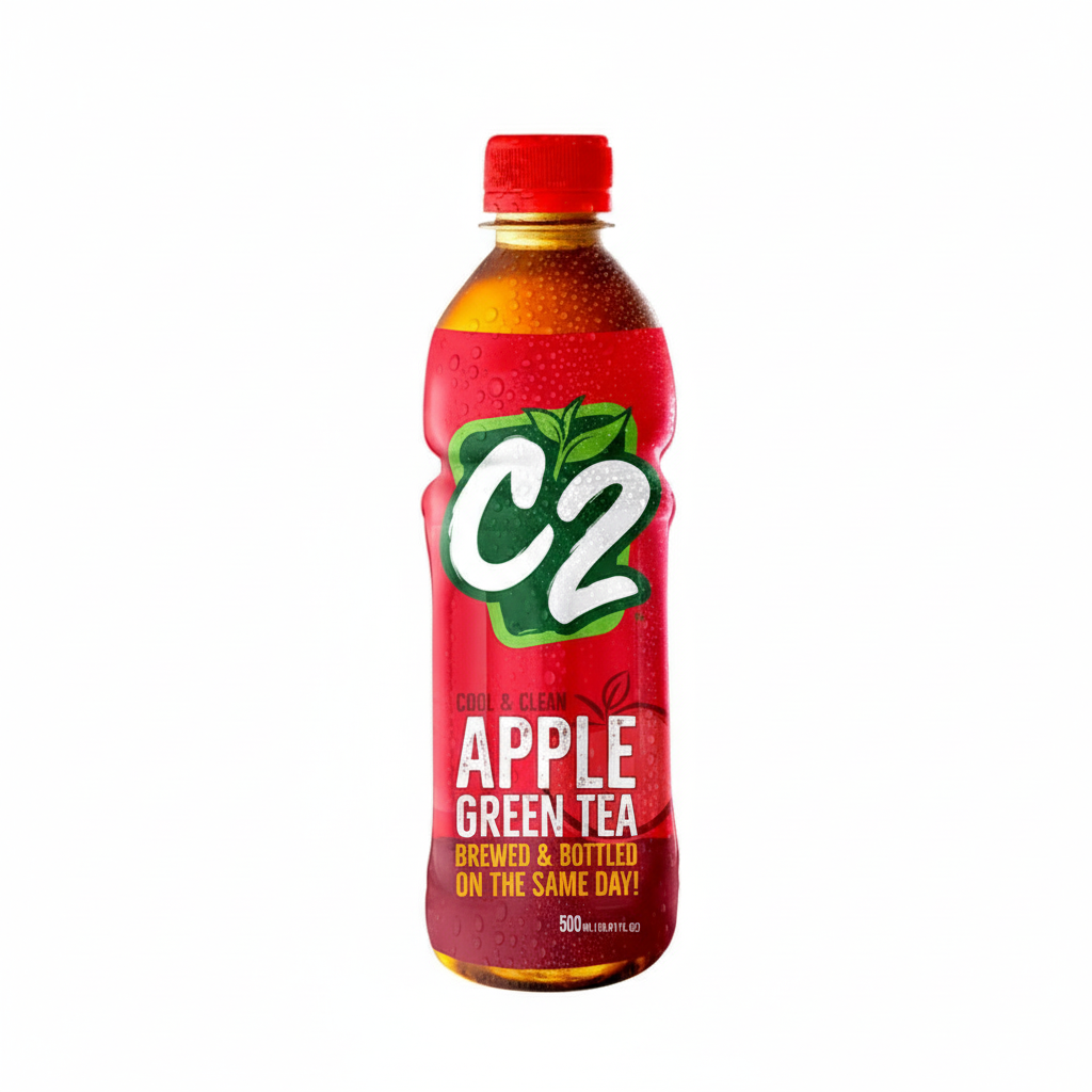 C2 Apple Green Tea bottle with red label on a white background