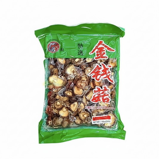 Packaged dried mushrooms with green packaging on a white background