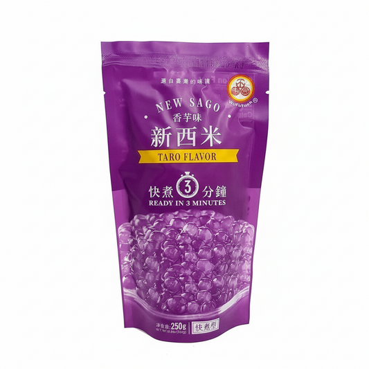 Purple package of New Sago Taro Flavor on a white background