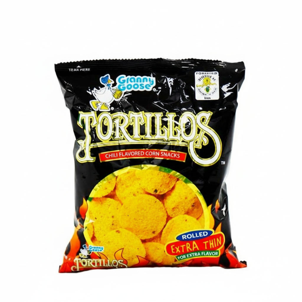 Bag of Granny Goose Tortillos corn snacks with branding on a white background