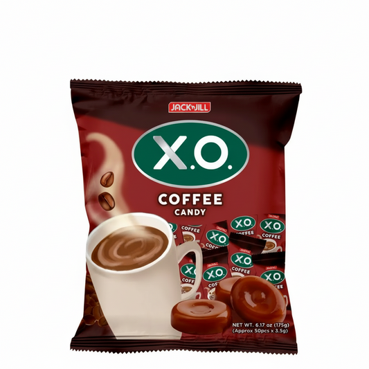 Pack of X.O. Coffee Candy with a cup and candy on a red background