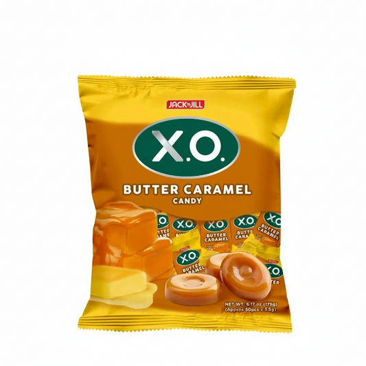 Packaging of X.O Butter Caramel candy by Jack 'n Jill on a white background